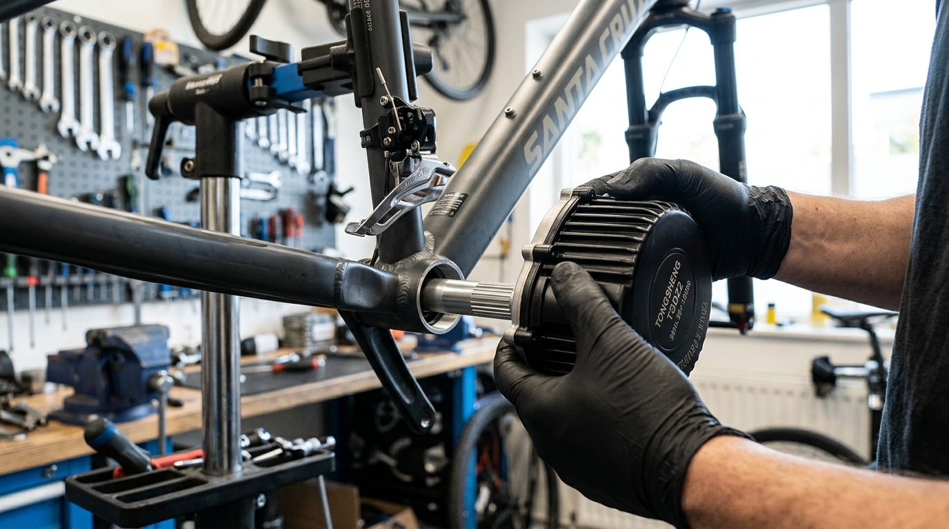 Pushing the Tongsheng TSDZ2 motor spindle through the bicycle bottom bracket shell