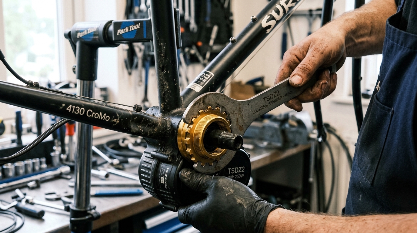 Tightening the TSDZ2 motor lockring with a spanner wrench on the bicycle frame