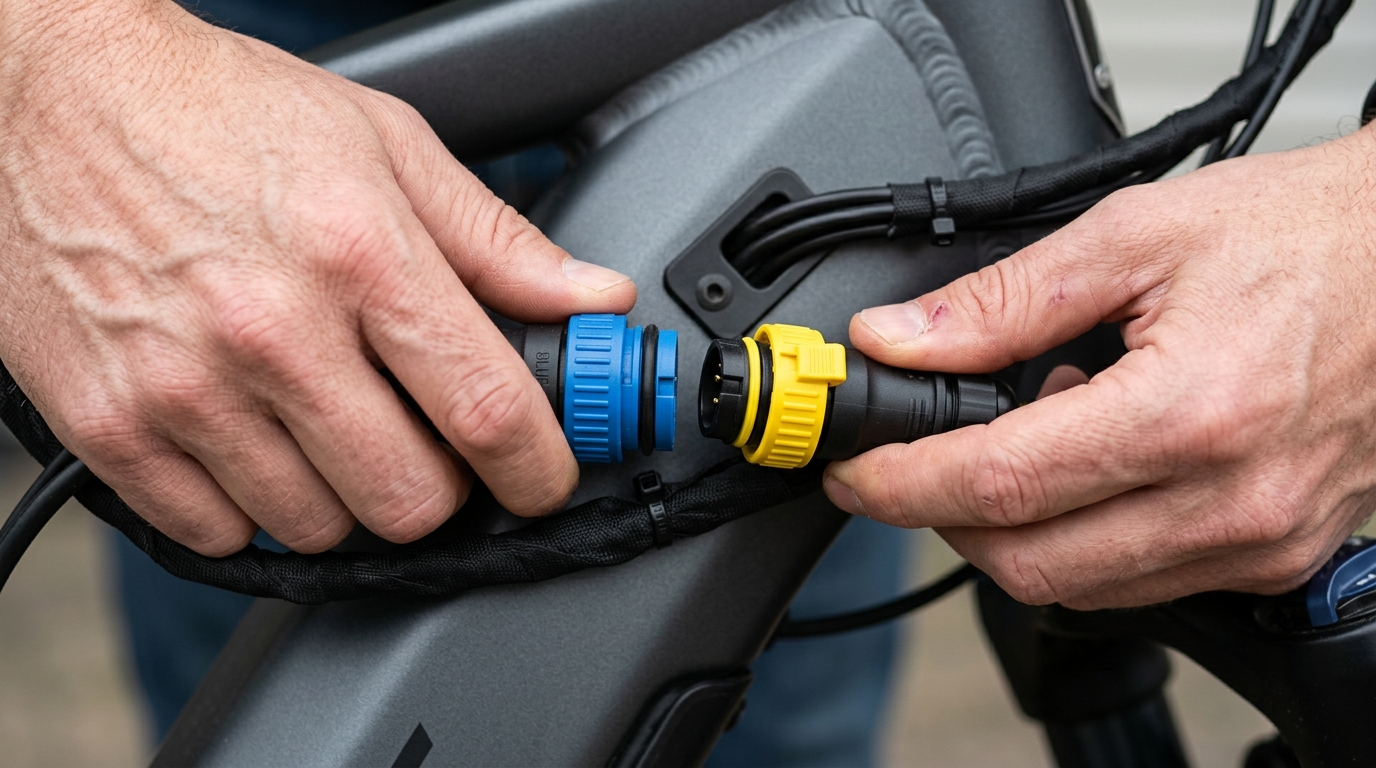 Connecting waterproof color-coded cables of the e-bike motor