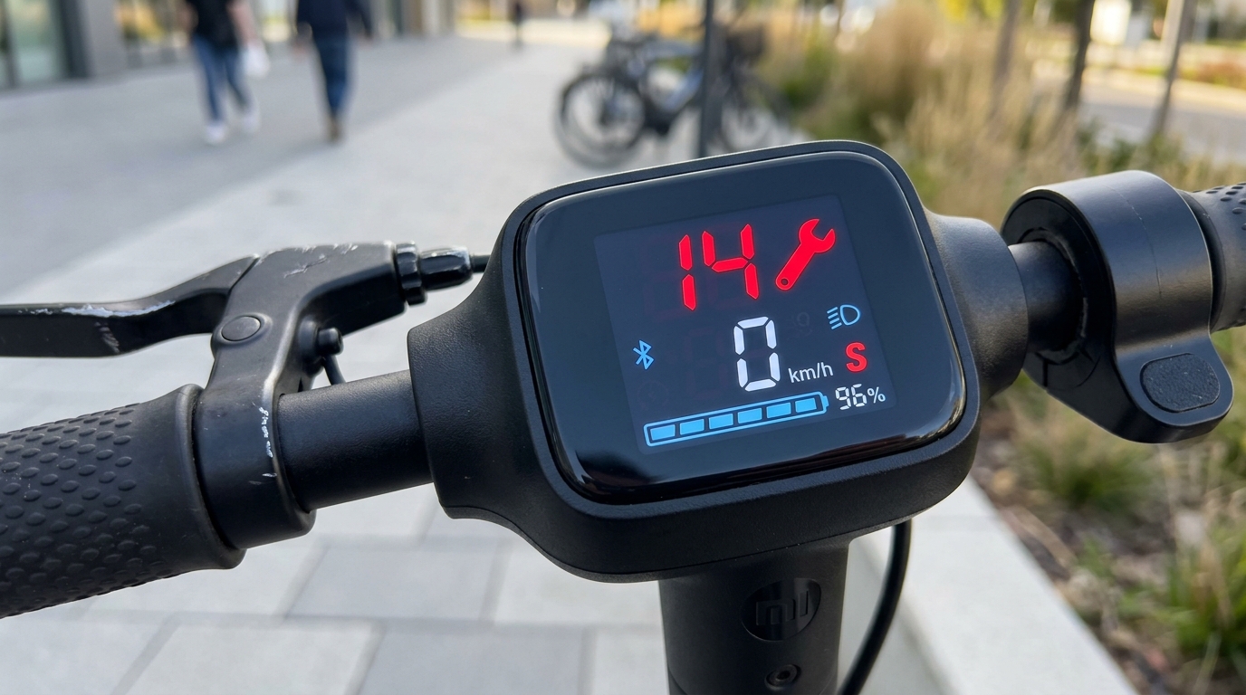 Xiaomi electric scooter showing red error codes on the dashboard display