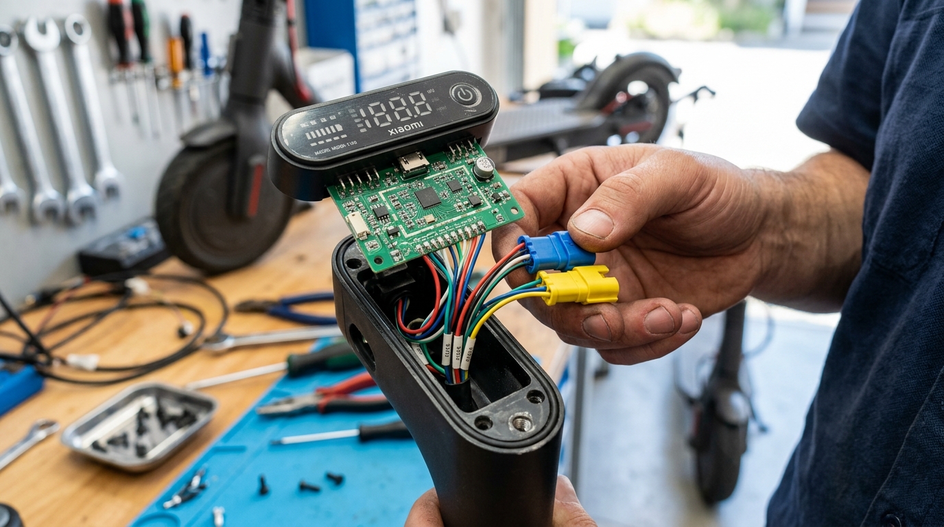 Unscrewed Xiaomi dashboard displaying connected throttle and brake wires