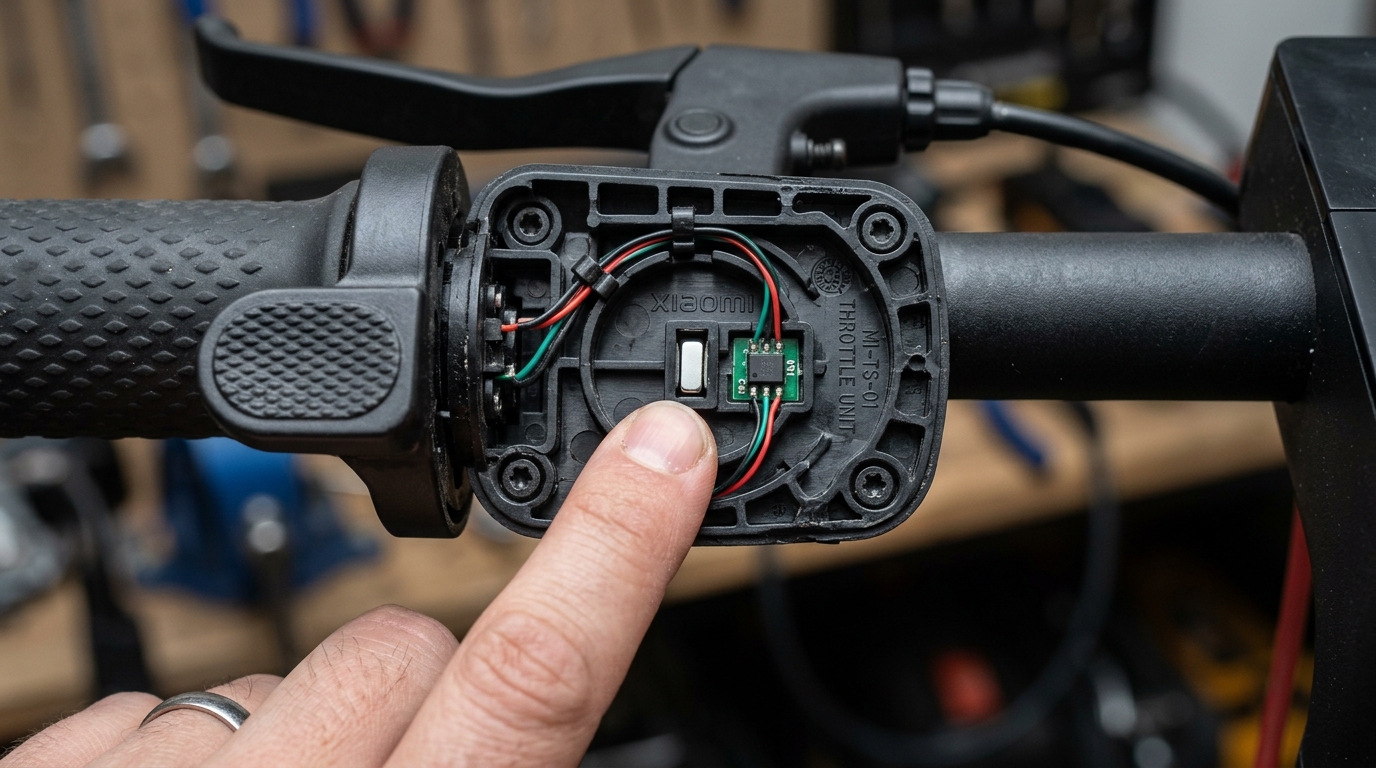 Underneath look of Xiaomi scooter throttle showing the magnetic slot