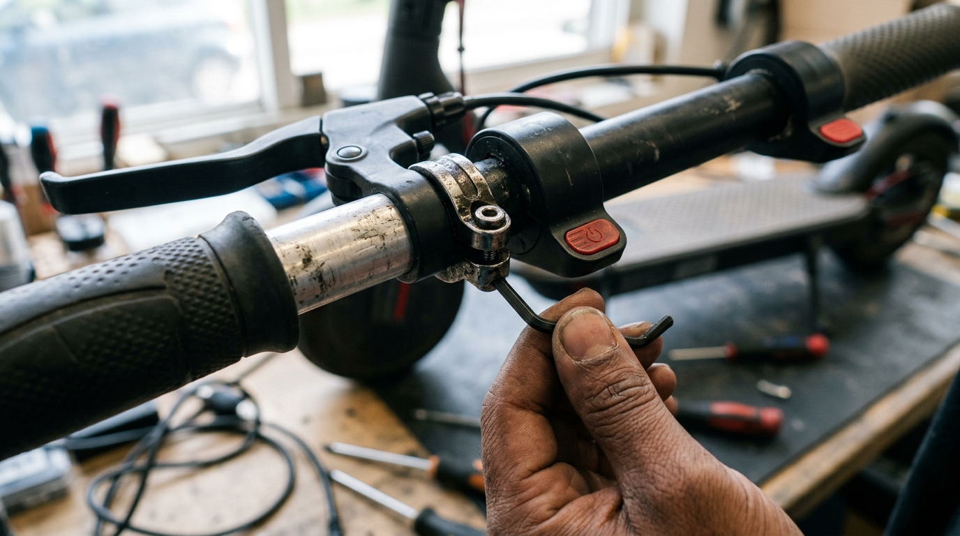Hex key loosening the clamp screw of the throttle on scooter handlebars