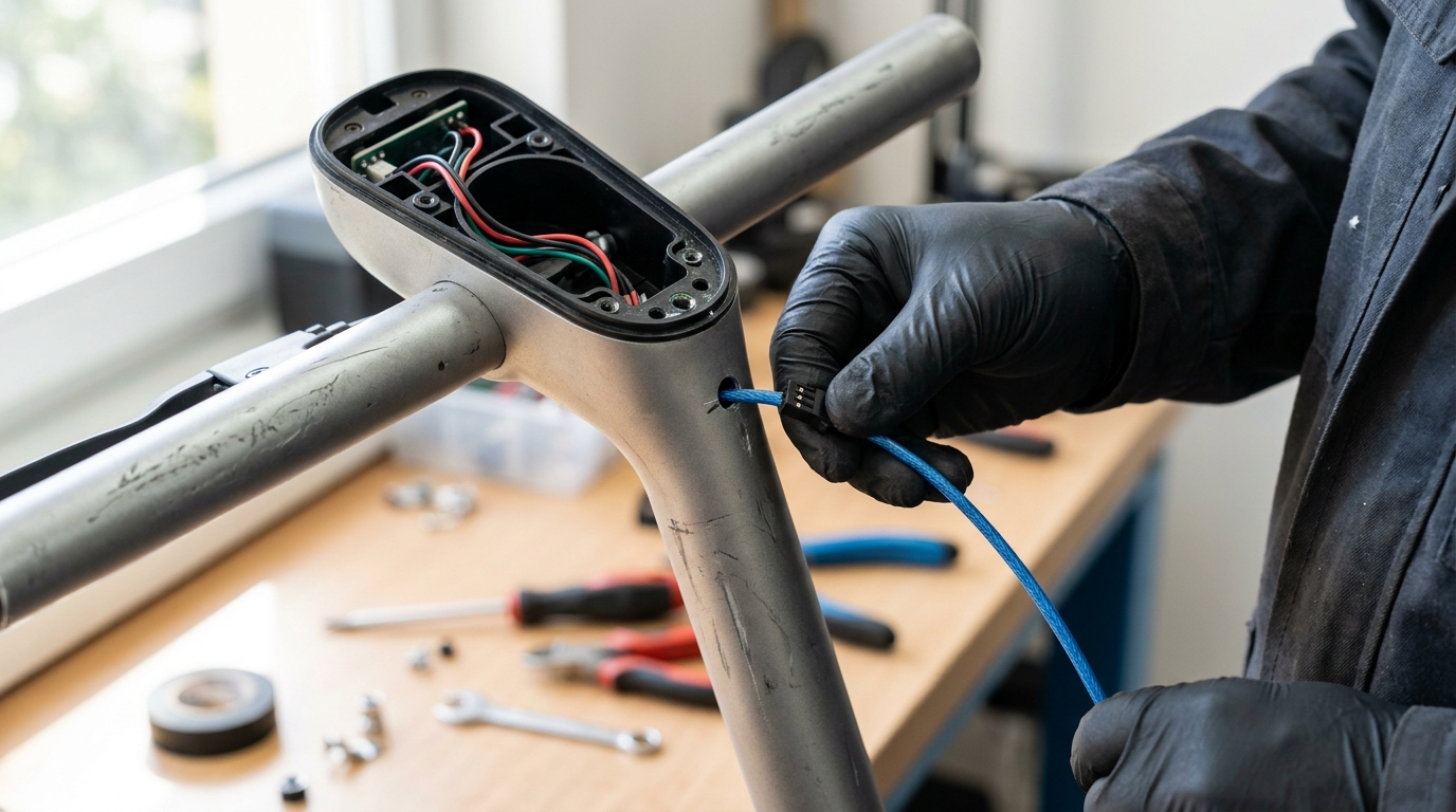 Feeding the new throttle cable through the handlebar hole towards the dashboard